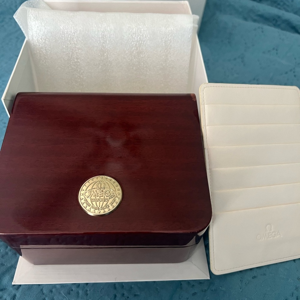 Omega Mahogany Watch Box with Gold Medallion